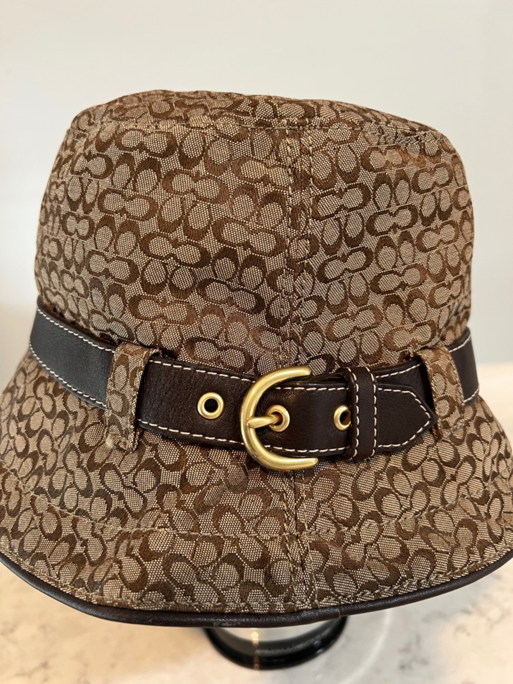 Coach Monogram Canvas Bucket Hat in Brown with Dark Brown belt Trim